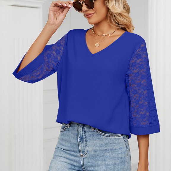 qolati Dressy Tops for Women Summer Casual V Neck Mesh Panel 3/4 Bell Sleeve Blouse Loose Fit Tunic Work Shirts