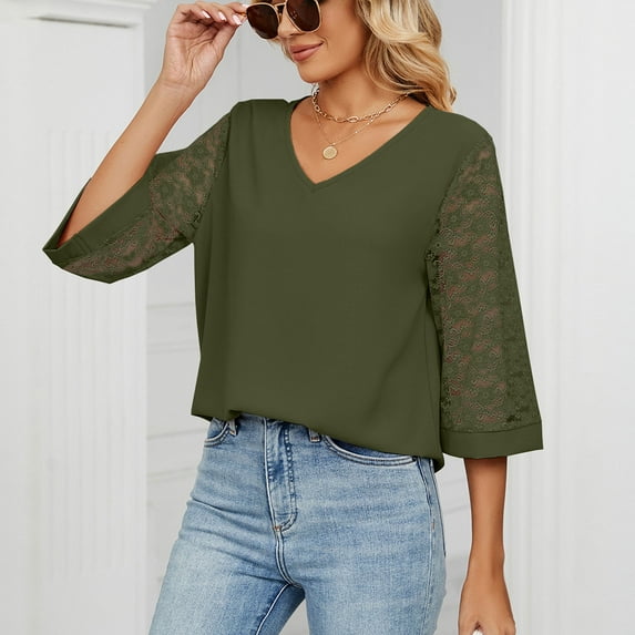 qolati Dressy Tops for Women Summer Casual V Neck Mesh Panel 3/4 Bell Sleeve Blouse Loose Fit Tunic Work Shirts
