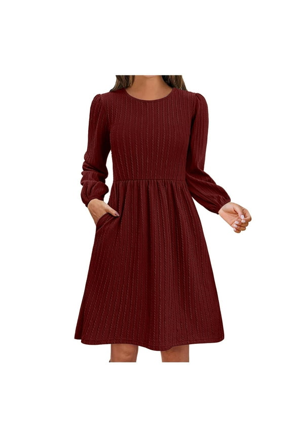 Fall Dresses for Women 2024 High Waist Casual Flowy Pleated A Line Tunic Dress Crewneck Long Sleeve Fit Swing Midi Dress with Pockets Wine XXL 12