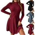 thumbnail image 1 of qolati Fall Dresses for Women Ribbed Knit Mock Neck A Line Mini Sweater Dress Long Sleeve Fitted Asymmetrical Pleated Causual Winter Dress Light Blue L, 1 of 9