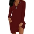 thumbnail image 1 of qolati Fall Dresses for 2024 Fashion 1/4 Zipper V Neck Off Shoulder Long Sleeve Midi Dress Elegant Loose Tshirt Party Cocktail Dress, 1 of 6