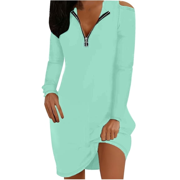 qolati Fall Dresses for 2024 Fashion 1/4 Zipper V Neck Off Shoulder Long Sleeve Midi Dress Elegant Loose Tshirt Party Cocktail Dress
