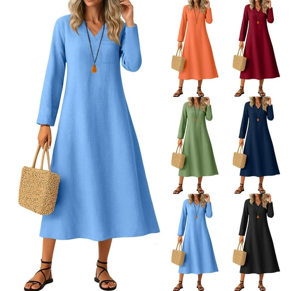 qolati Fall Dresses for Women Casual Long Sleeve V Neck Flowy Midi Dress Boho Vacation Beach Sundresses Dark Blue XL