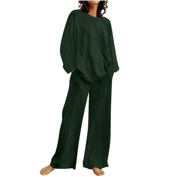 qolati Fall Outfits for Women 2 Piece Cotton Linen Set Boyfriends Oversized T Shirts Straight Wide Leg Pants Plus Size Tracksuit Matching Sets