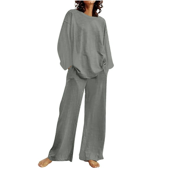 qolati Fall Outfits for Women 2 Piece Cotton Linen Set Boyfriends Oversized T Shirts Straight Wide Leg Pants Plus Size Tracksuit Matching Sets