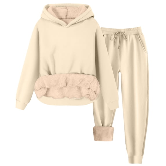 qolati Fall Winter Outfits for Women 2024 Fleece Pajamas Warm Sherpa Lined Lounge Sets Cozy Fuzzy Pullover Hooded Sweatshirt Joggers Sweatsuit