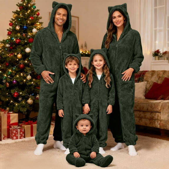 qolati Family Christmas Onesie Adults Christmas Pajamas Jumpsuit Xmas Ears Hoodies Rompers Flannel Matching Sleepwear Hooded Warm Loungewear