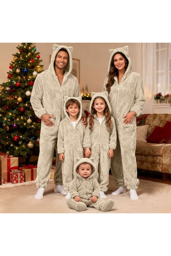 Family Christmas Onesie Adults Christmas Pajamas Jumpsuit Xmas Ears Hoodies Rompers Flannel Matching Sleepwear Hooded Warm Loungewear
