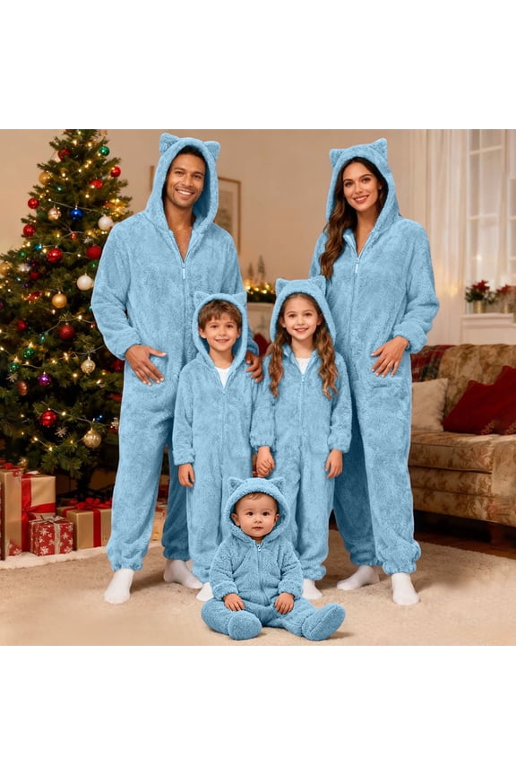 Family Christmas Onesie Adults Christmas Pajamas Jumpsuit Xmas Ears Hoodies Rompers Flannel Matching Sleepwear Hooded Warm Loungewear