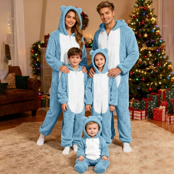 qolati Family Christmas Onesie Adults Christmas Pajamas Jumpsuit Xmas Ears Hoodies Rompers Flannel Matching Sleepwear Hooded Warm Loungewear