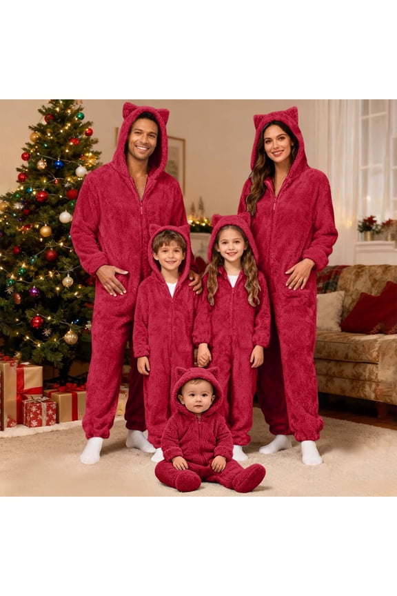 Family Christmas Onesie Adults Christmas Pajamas Jumpsuit Xmas Ears Hoodies Rompers Flannel Matching Sleepwear Hooded Warm Loungewear