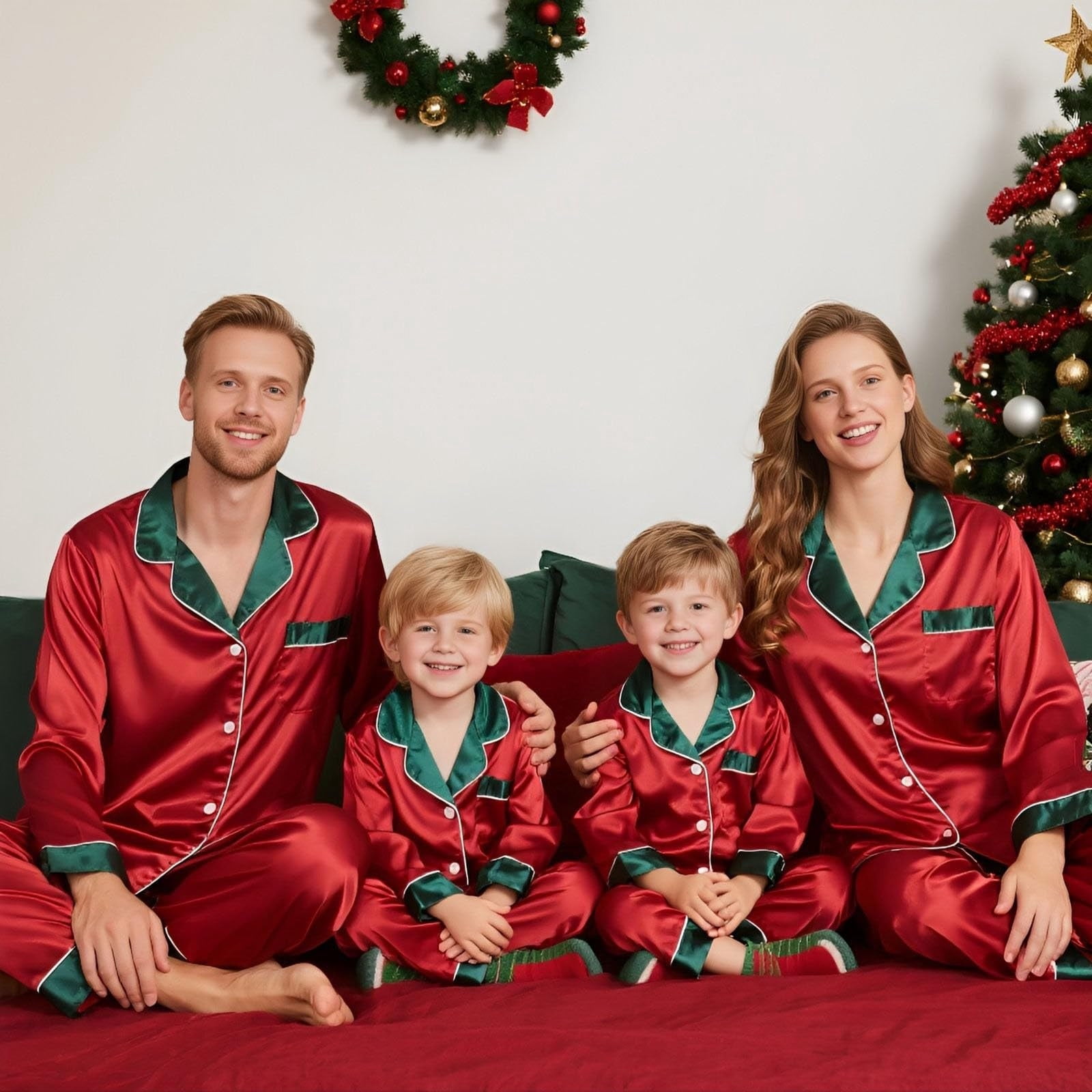 qolati Christmas Pajamas for Family Silk Satin Long SleeveButton Down ...