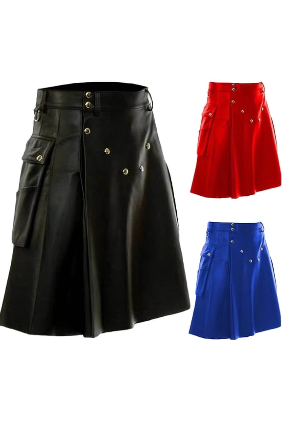 Faux Leather Kilt for Men High Waist Highland Scottish Kilts Plus Size Gothic Short Skirt Traditional Irish Pleated Skirts with Cargo Pocket Blue XXXXL