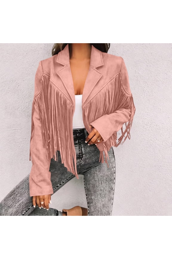 Faux Suede Jackets for Womem Western Tassel Cropped Fringe Coats Vintage Long Sleeve Open Front Cardigan Outweart 80s Trendy Fall Outfit Pink M