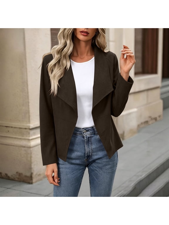 Faux Suede Jackets for Women Long Sleeve Lapel Draped Open Front Cardigan Dressy Casual Work Blazer Outwear Trendy Fall Clothes Coffee S