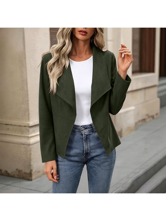 Faux Suede Jackets for Women Long Sleeve Lapel Draped Open Front Cardigan Dressy Casual Work Blazer Outwear Trendy Fall Clothes S
