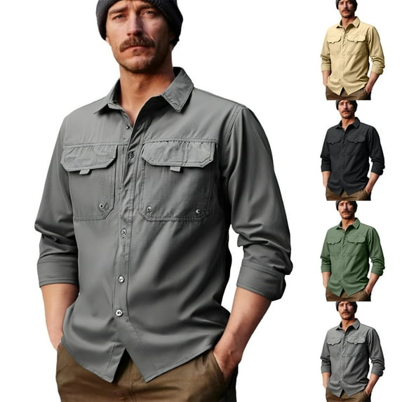 qolati Fishing Shirt for Men Sun Protection Long Sleeve Button Down Shirts Quick Dry Dressy Casual Work Tops Lightweight Travel Hiking Blouses with Pockets Khaki XXXXL