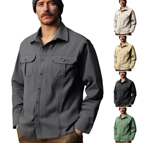 qolati Fishing Shirt for Men Sun Protection Long Sleeve Button Down Shirts Quick Dry Dressy Casual Work Tops Lightweight Travel Hiking Blouses with Pockets L