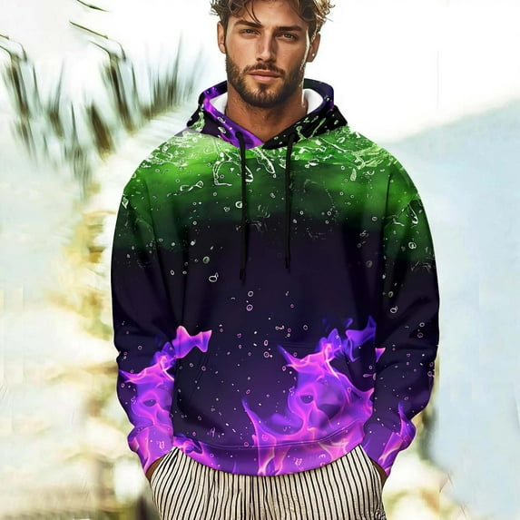 qolati Flame Print Hoodies for Men Long Sleeve Hooded Sweatshirt Unisex Women Drawstring Athletic Pullover Sweat Shirts with Pocket Sizes S-3XL