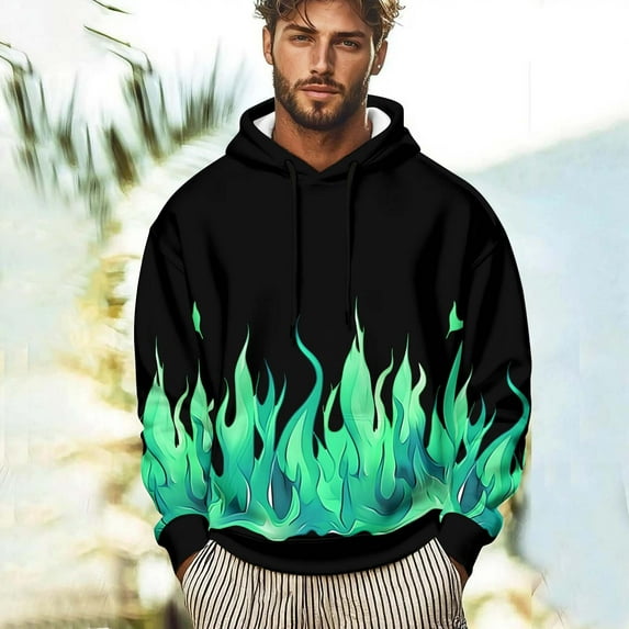 qolati Flame Print Hoodies for Men Long Sleeve Hooded Sweatshirt Unisex Women Drawstring Athletic Pullover Sweat Shirts with Pocket Sizes S-3XL