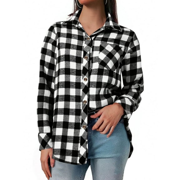 qolati Flannel Plaid Button Down Shirts for Women Long Sleeve Collared Checkered Blouse Tops Business Casual Work Outfits with Chest Pocket