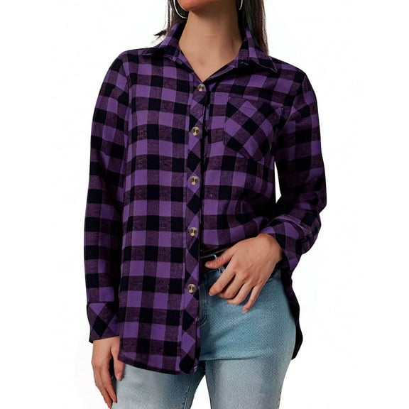 qolati Flannel Plaid Button Down Shirts for Women Long Sleeve Collared Checkered Blouse Tops Business Casual Work Outfits with Chest Pocket