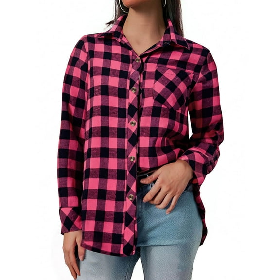 qolati Flannel Plaid Button Down Shirts for Women Long Sleeve Collared Checkered Blouse Tops Business Casual Work Outfits with Chest Pocket