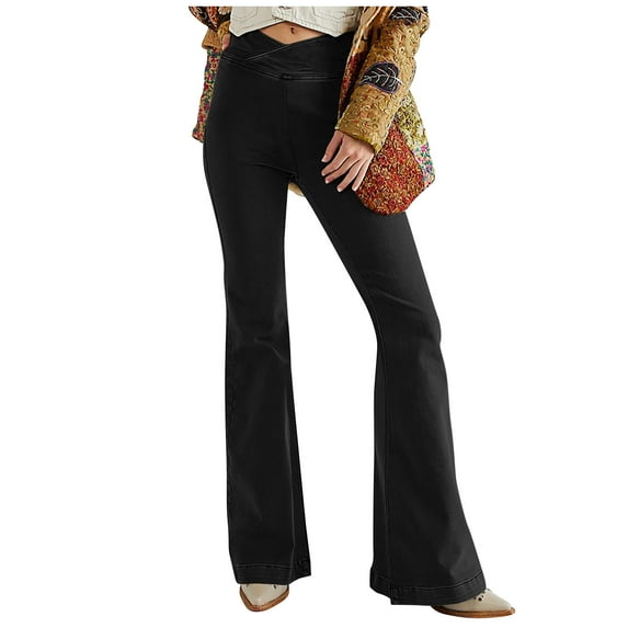 qolati Flare Jeans for Women Stretch High V-Waisted Wide Leg Bootcuts Jeans Vintage Boyfriend Casual Bell Bottom Denim Pants
