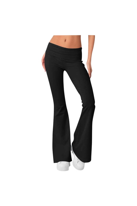 Flare Leggings for Women Low Rised Fold Over Workout Yoga Pants Tummy Control Bootcut Sweatpants Ladies Comfy Athletic Lounge Pants Black S