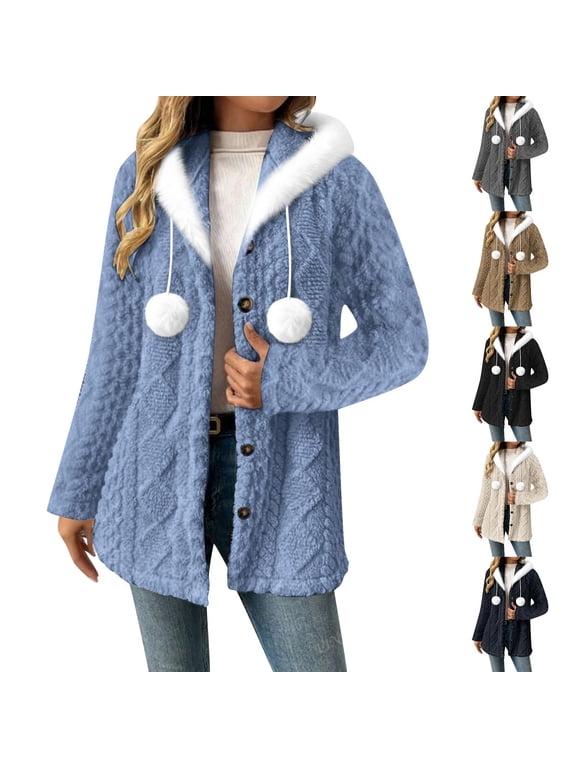 Fleece Jacket for Women Winter Warm Button Down Long Sleeve Hooded Coat with Pompoms Casual Soft Lightweight Fall Teddy Outerwear Fuzzy Coats