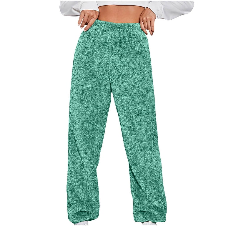 qolati Fleece Pants for Women Elastic Waisted Fuzzy Sherpa Pajama Pants Solid Color Pjs Pants Cuffed Loose Joggers with Pockets Mint Green L 8 Walmart