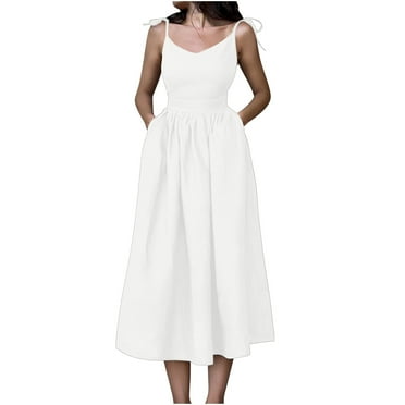 qolati Flowy Dresses for Women 2024 Elegant Spaghetti Strap Midi Dress Pleated Swing Sleeveless Low Cut Cocktail Party Prom Dresses