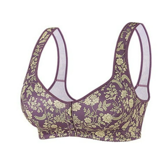 qolati Front Closure Bras for Odler Women Floral Gathering Plush Size Bras Plus Size Wireless Sports Bras Full Coverages T-Shirt Bralettes Purple 52BC