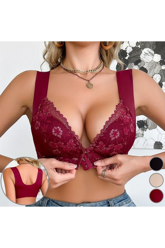 Front Closure Bras for Women Full Coverage Lace Wireless Bralettes T-Shirts Bras Soft Breathable Wide Strap U Back Support Wirefree Everyday Bras,Beige,S