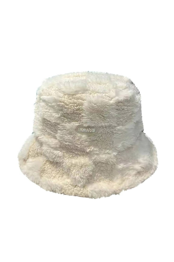 Fuzzy Bucket Hat for Women Puffy Faux Fur Checkered Hat Winter Warm Plush Fisherman Sherpa Crochet Bucket Hat