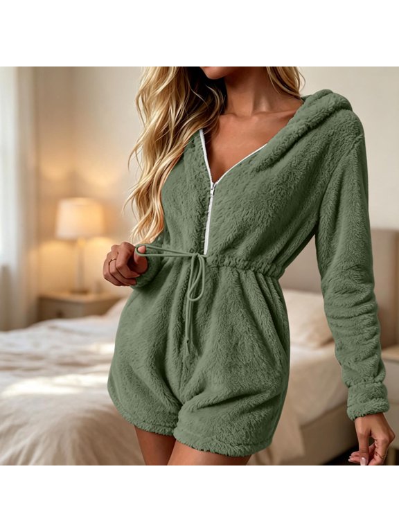 Fuzzy Fleece Hooded Romper for Women Winter Warm Sherpa Short Jumpsuits Long Sleeve Zip Up Onesie Sleepwear with Adjustable Drawstring Belted, S-2XL