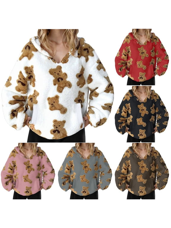Fuzzy Fleece Oversized Sweatshirts Women 2024 Fall Long Sleeve Cute Teddy Bear Hoodies Sweatshirt Winter Warm Lightweight Sherpa Sweaters Hooded Top