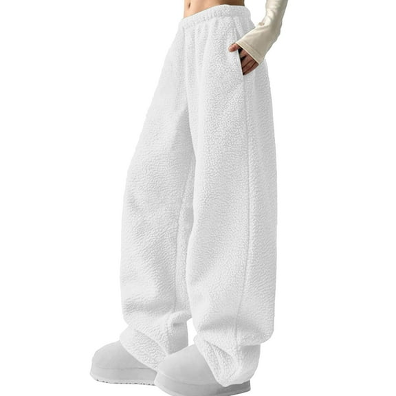 qolati Fuzzy Fleece Wide Leg Pants for Women Fluffy Plush Pajama Pants Cozy Baggy Elastic Waist Loungwear Sweatpants with Pockets Plus Size Winter Warm Pjs Bottoms