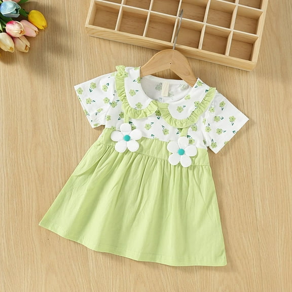 qolati Girl Summer Dresses Ruffle Short Sleeve Crew Neck Playwear Sundress Flower Print Swing Birthday Party Casual Cotton Dresses 0-3 Years