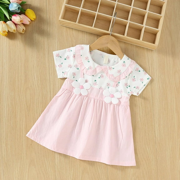 qolati Girl Summer Dresses Ruffle Short Sleeve Crew Neck Playwear Sundress Flower Print Swing Birthday Party Casual Cotton Dresses 0-3 Years