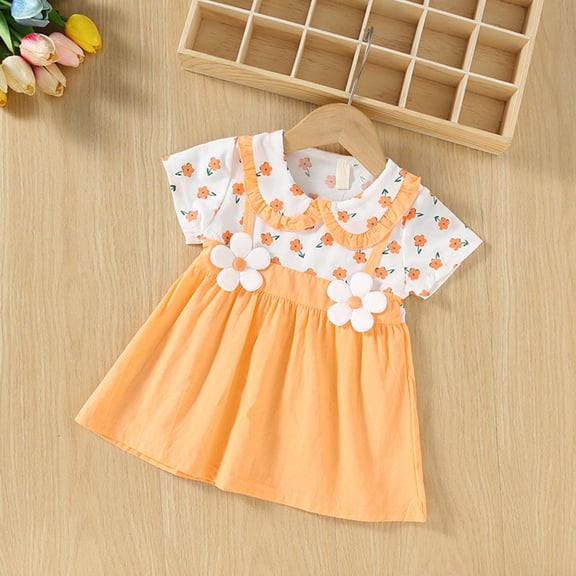 qolati Girl Summer Dresses Ruffle Short Sleeve Crew Neck Playwear Sundress Flower Print Swing Birthday Party Casual Cotton Dresses 0-3 Years