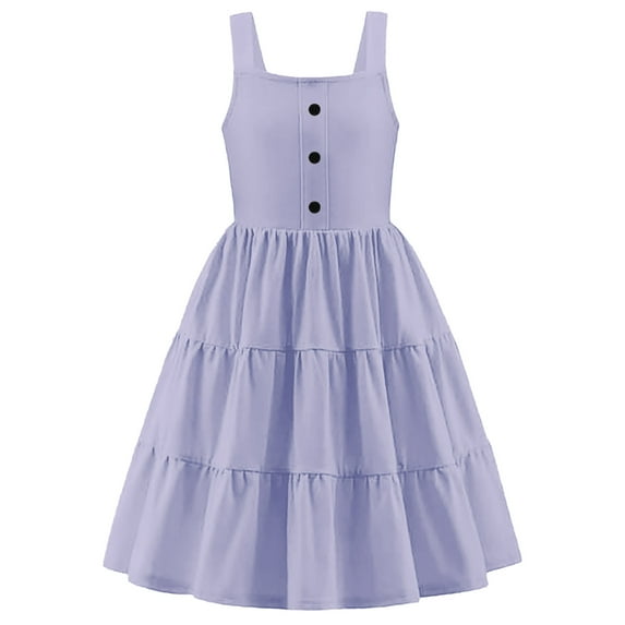 qolati Girl Summer Dresses Toddler Baby Girl Casual Sleeveless A Line Tunic Dresses Button Down Swing Flowy Tiered Midi Sundress 3-12 Years