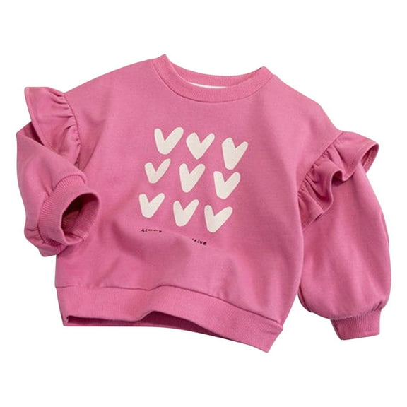 qolati Girl Sweatshirt Love Graphic Print Crewneck Ruffle Long Sleeve Pullover Tops Kids Loose Fit Casual Crewneck Blouses