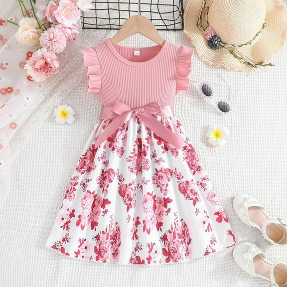 qolati Girl's Summer Mini Dress Ruffle Flowy Dress Flutters Sleeve Knot Front Crewneck Rib Knit Dresses 2025 Trendy Floral Sundress Summer Pink 5 Years
