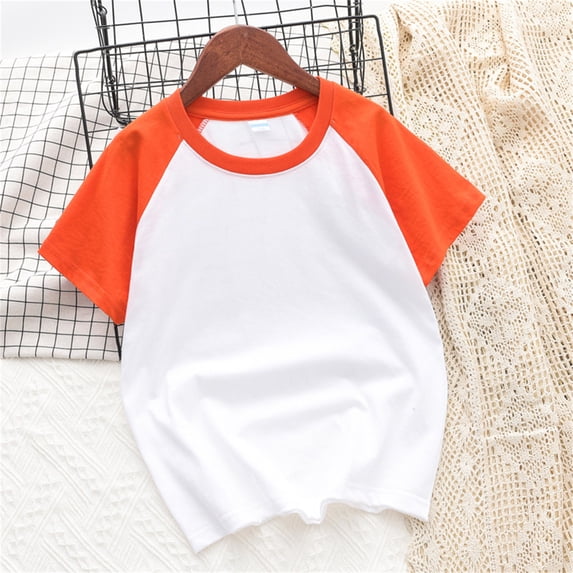qolati Girls Boys Raglan Short Sleeve Shirt Baseball Tee Cotton T-Shirt Round Neck Solid Color Pullover Tops 3-12Years Spring