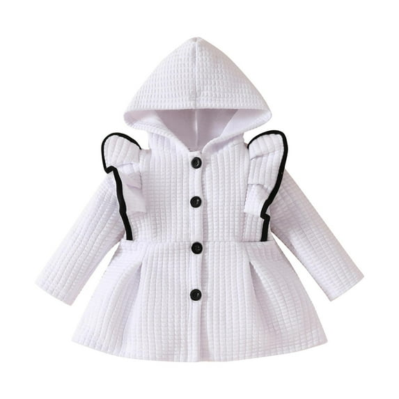 qolati Girls Button Down Dress Coat Kids Ruffle Long Sleeve Pleated Hooded Winter Coats Faux Furs Peacoat Jackets Outerwear