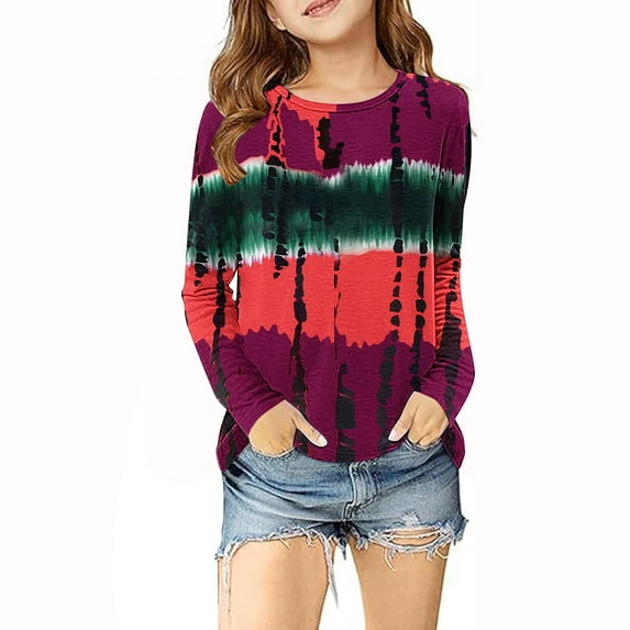 qolati Girls Casual Shirts Kids Loose Soft Color Block Tunic Tops Tie-Dye Print Long Sleeve T Shirts Size 3-14 Years Spring