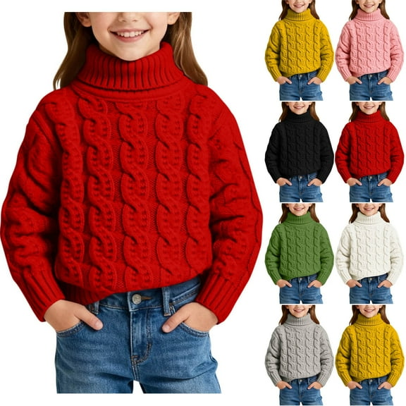 qolati Girls Christmas Sweaters Kids Turtleneck Mock Neck Long Sleeve Pullover Sweater Cable Knit Fall Winter Jumper Tops Black 6 Years