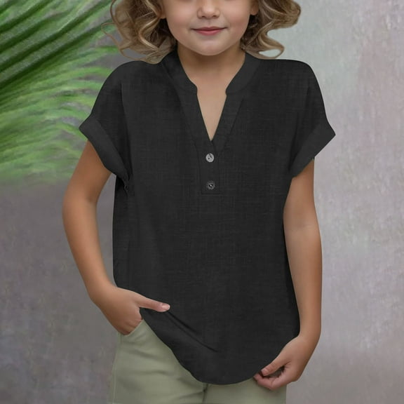 qolati Girls Cotton Linen T-Shirt 2025 Summer Casual Short Sleeve Shirts Button Henley Neck Loose Solid Basic Tees Tops 4-13 Years