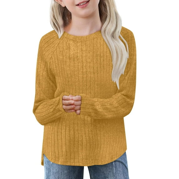 qolati Girls Long Sleeve Shirts Casual Crewneck Blouses for Girls Solid Color Loose Fit Ribbed Tunic Tops 5-14 Years